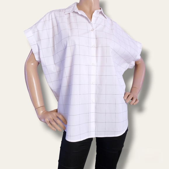 Soho Threads White Windowpane Checkered Boxy Oversized Blouse - Picture 9 of 9